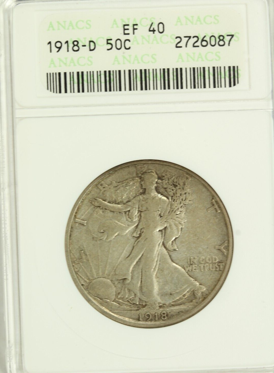 1918-D Walking Liberty Half Dollar : ANACS XF40