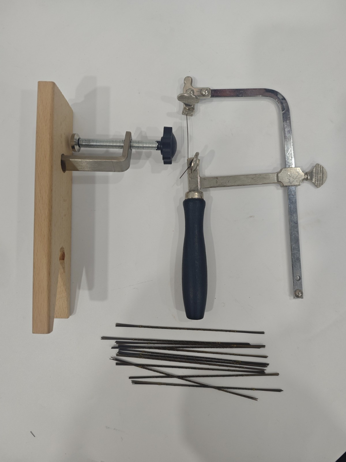 Unused Jeweler's Saw Frame Set Adjustable Saw with Bench Pin and 12 Blades