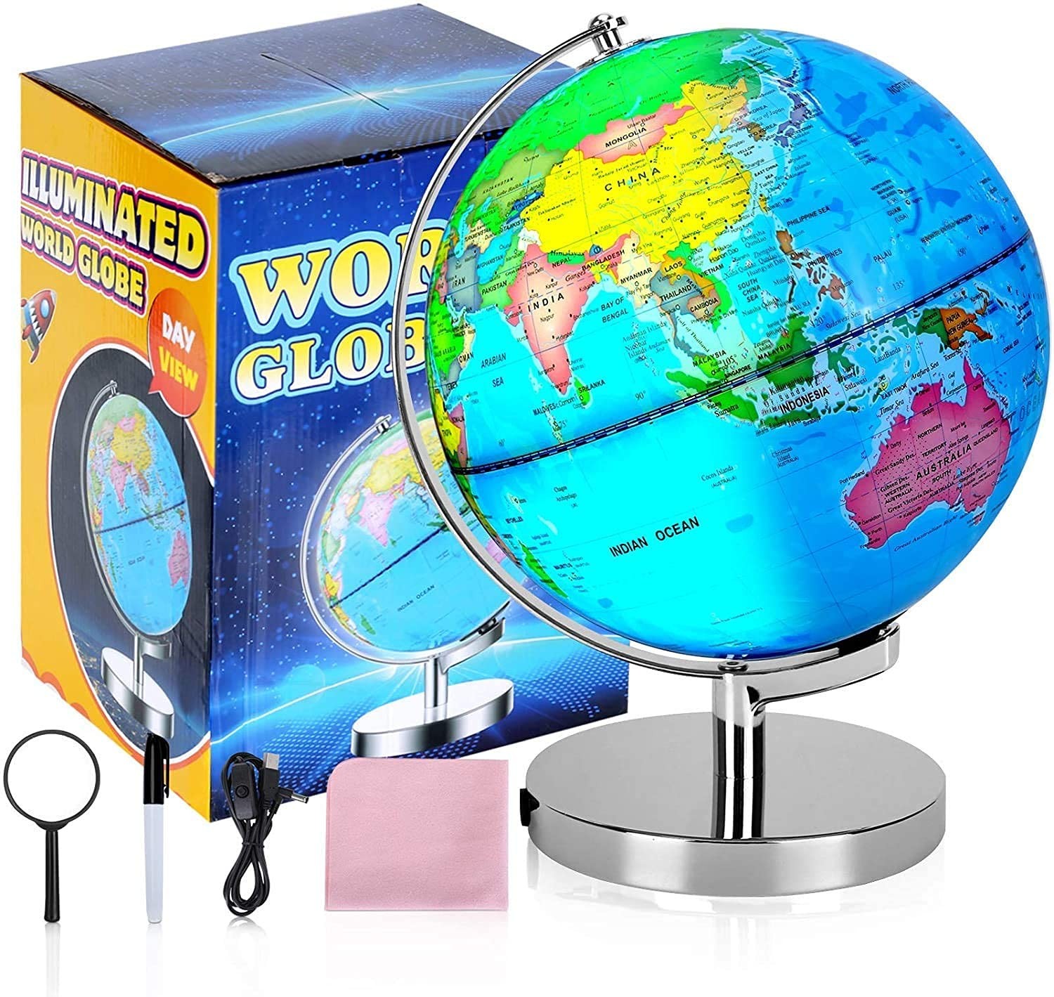 6 in1 Illuminated World Globe for & Adults All Ages High Clear Map, Illuminat...
