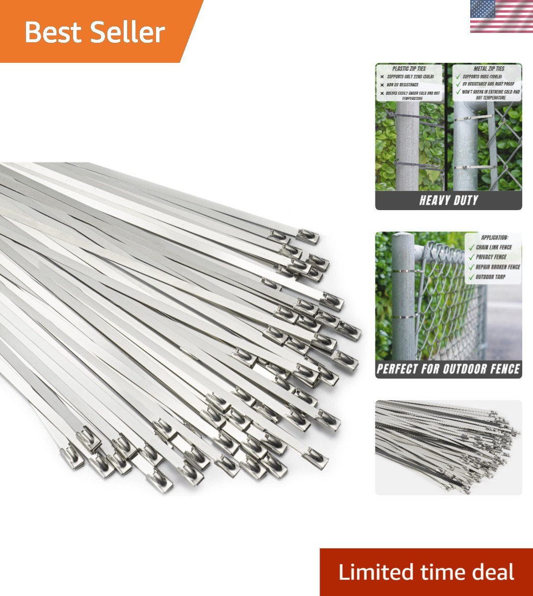 Heavy Duty 304 Stainless Steel Zip Ties, 100pcs, 11.8
