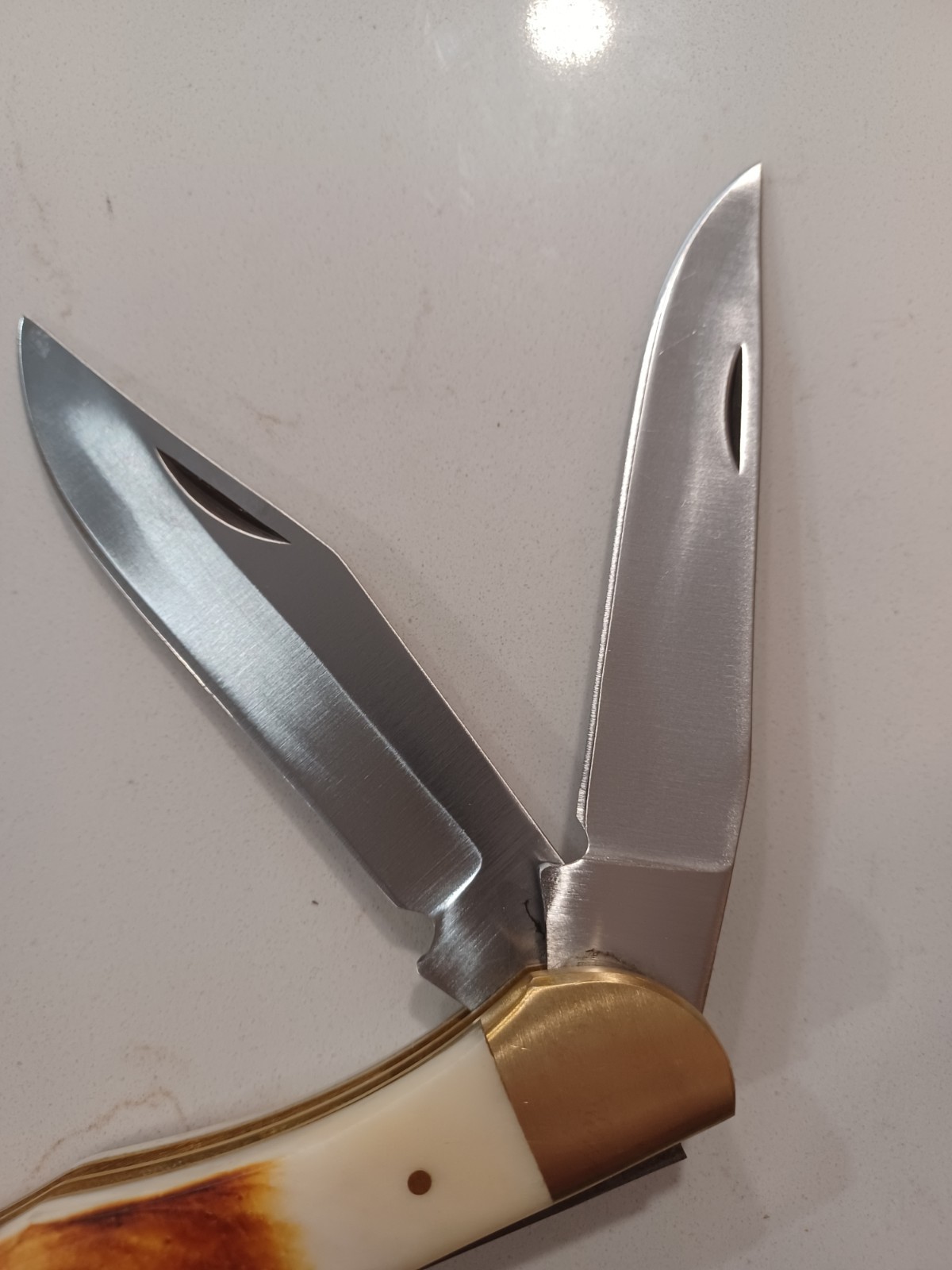 Copperhead Folder Bone Handle Brass Bolster 2 Blade Leather Sheath Well Made.