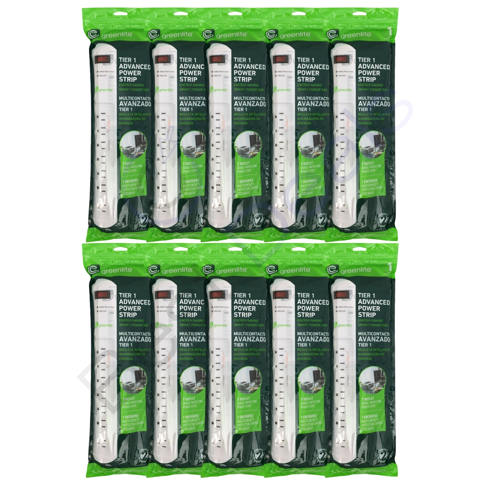 Greenlite Tier 1 Advanced 7 Outlet Surge Protecting Power Strips NEW - LOT OF 10