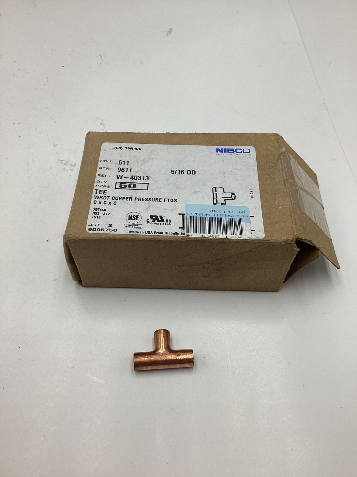 (QTY 50) Nibco 611 Tee Wrot Copper 5/16 Tube CxCxC W-40313