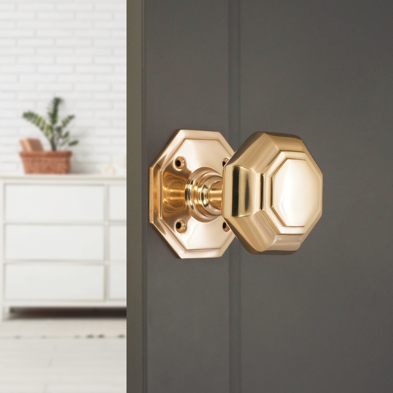 Door Knob Pair of Solid Octagonal Large Mortice Pull Handle Set Brass & Nickel