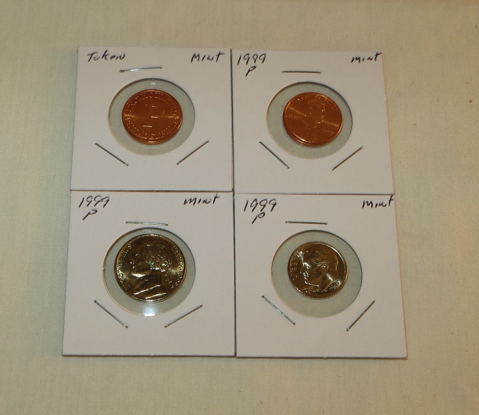 4-Uncirculated mint coins 5P13-16, 1999 Penny, Nickel, Dime, Token from mint set