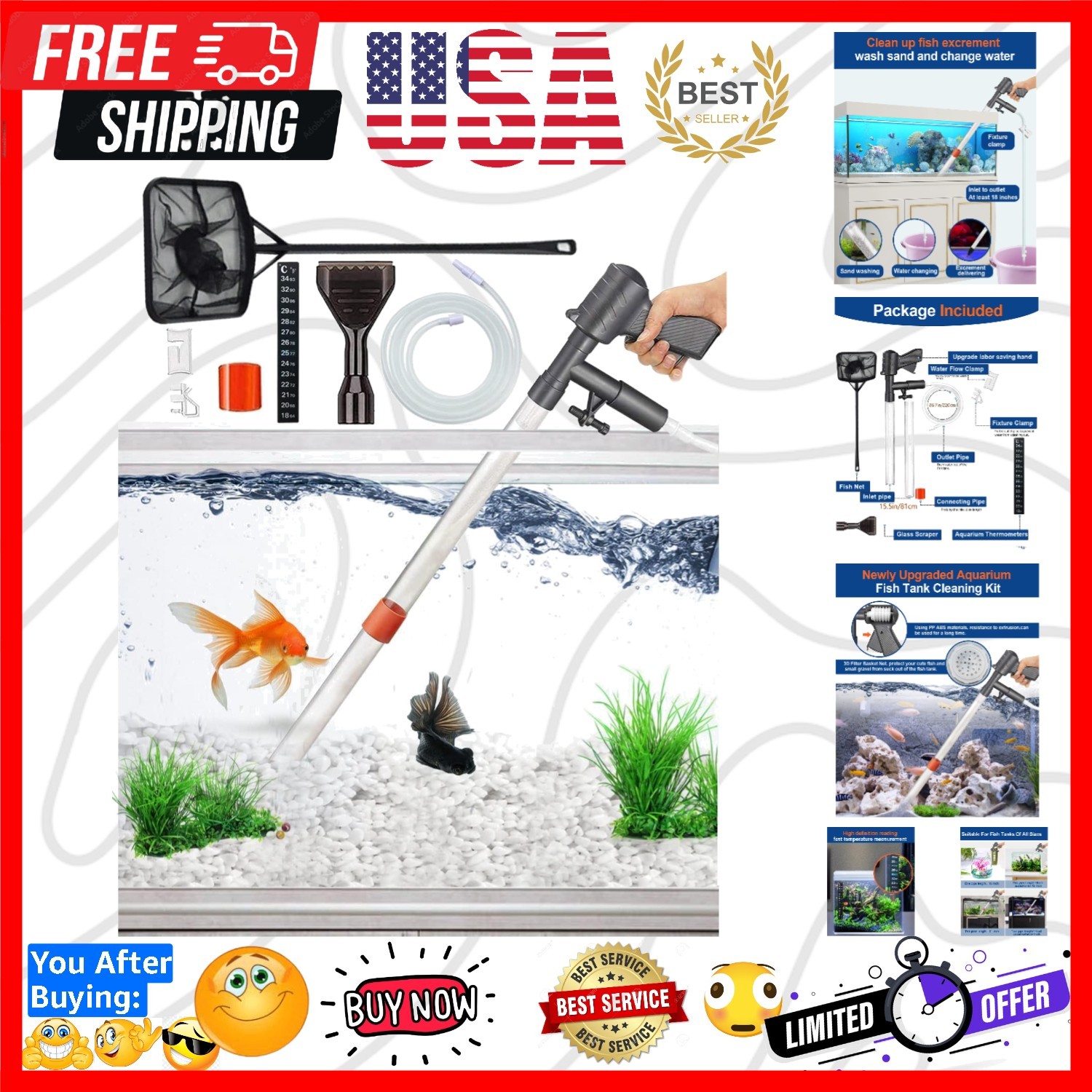 Aquarium Gravel Cleaner [2026 Edition] Vacuum Fish Tank Vacuum Cleaner Tools ...