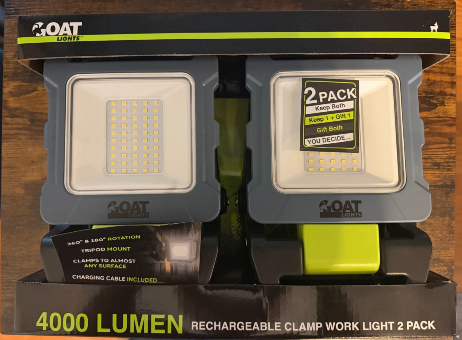 Goat Lights 2-Pack 4000 Lumen Rechargeable Clamp Work Light