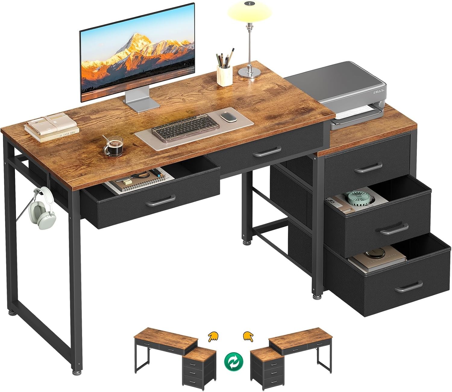 ODK Computer Desk with 5 Drawers,53'' Office Desk with Printer Shelf, Reversible