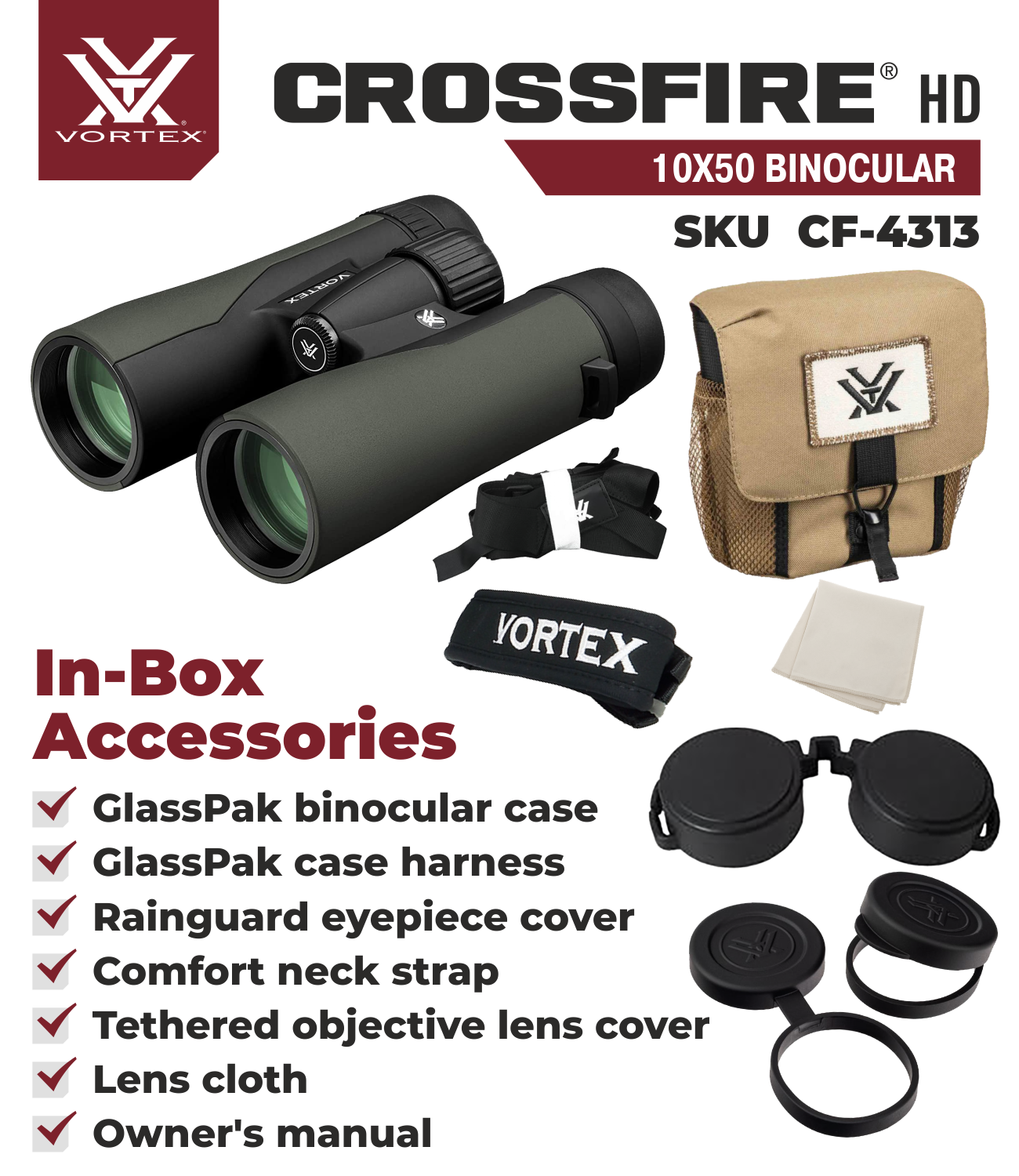 Vortex Optics CF-4313 Crossfire HD 10x50 Green Binocular with Free Hat Bundle