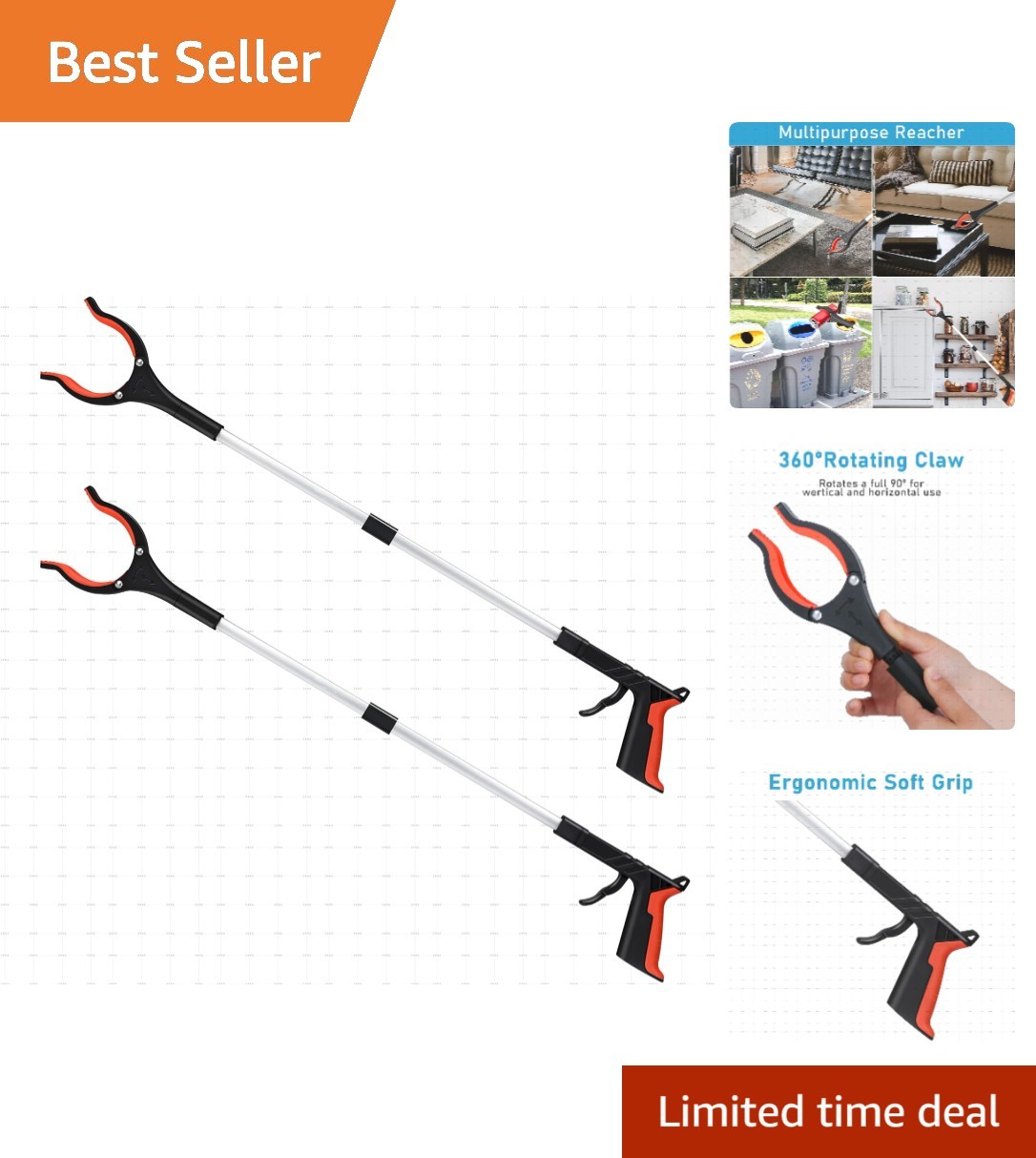 2-Pack 32" Foldable Grabber Reacher Tool - Lightweight Arm Extension in Orange