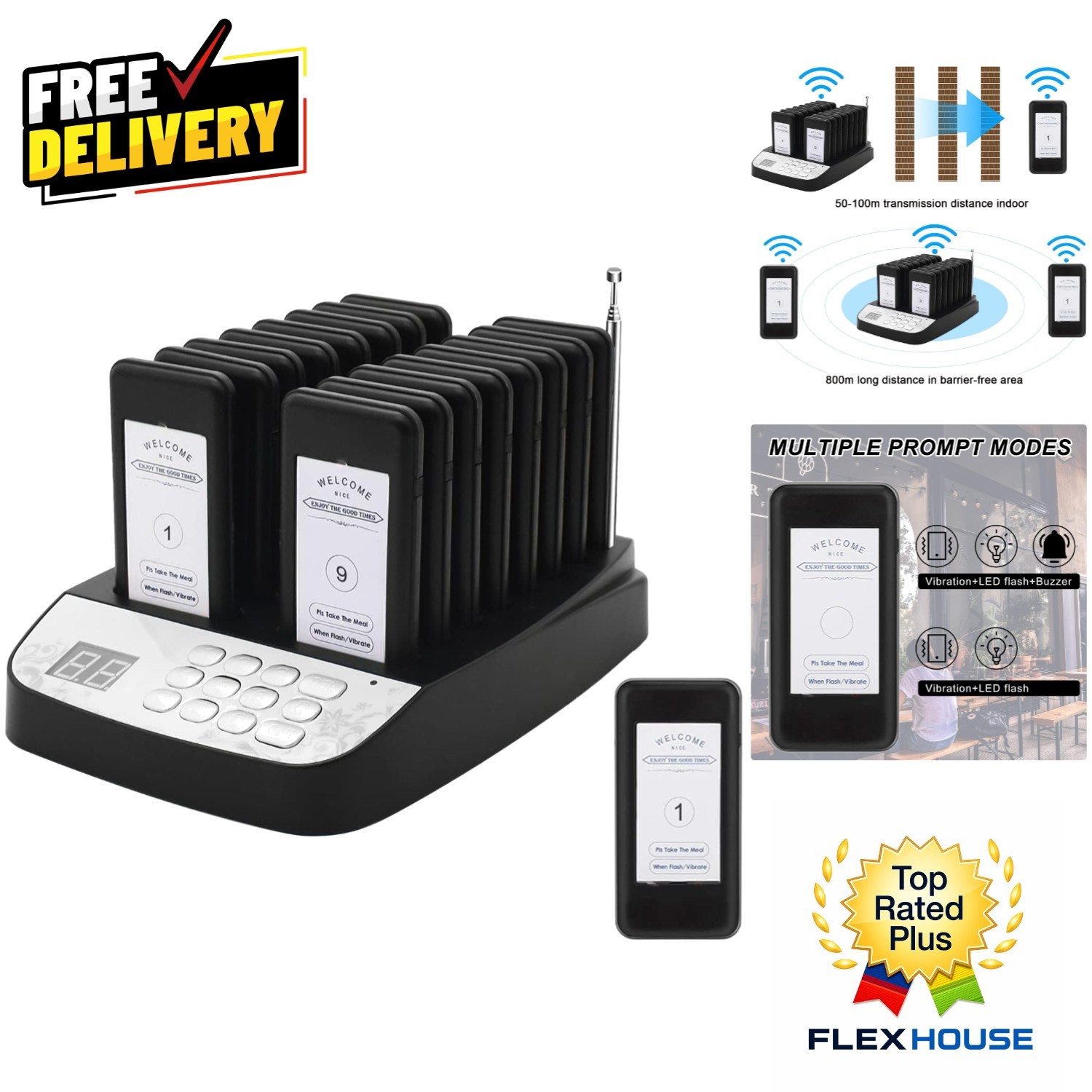 16-Unit Wireless Restaurant Pager System with Vibration and Flash Alert Modes