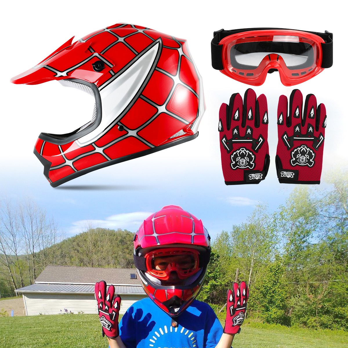 Youth Red Spider Net Dirt Bike Motocross ATV MX Helmet w/Goggles+Gloves S M L XL
