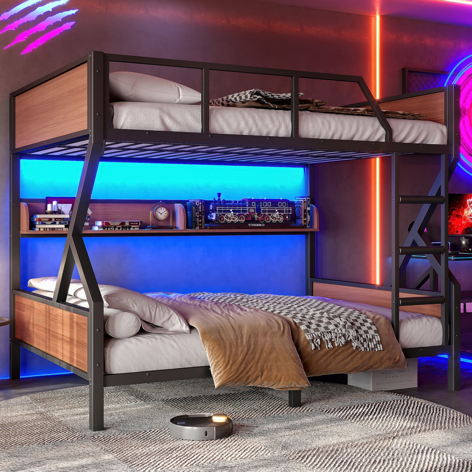Metal Full over Full Bunk Bed with Storage Shelves Lights Space-saving Black New