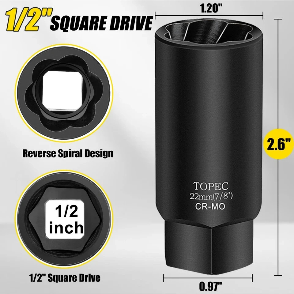 Topec 22MM Deep Lug Nut Extractor Socket - 1/2" Drive Stripped Bolt 22mm