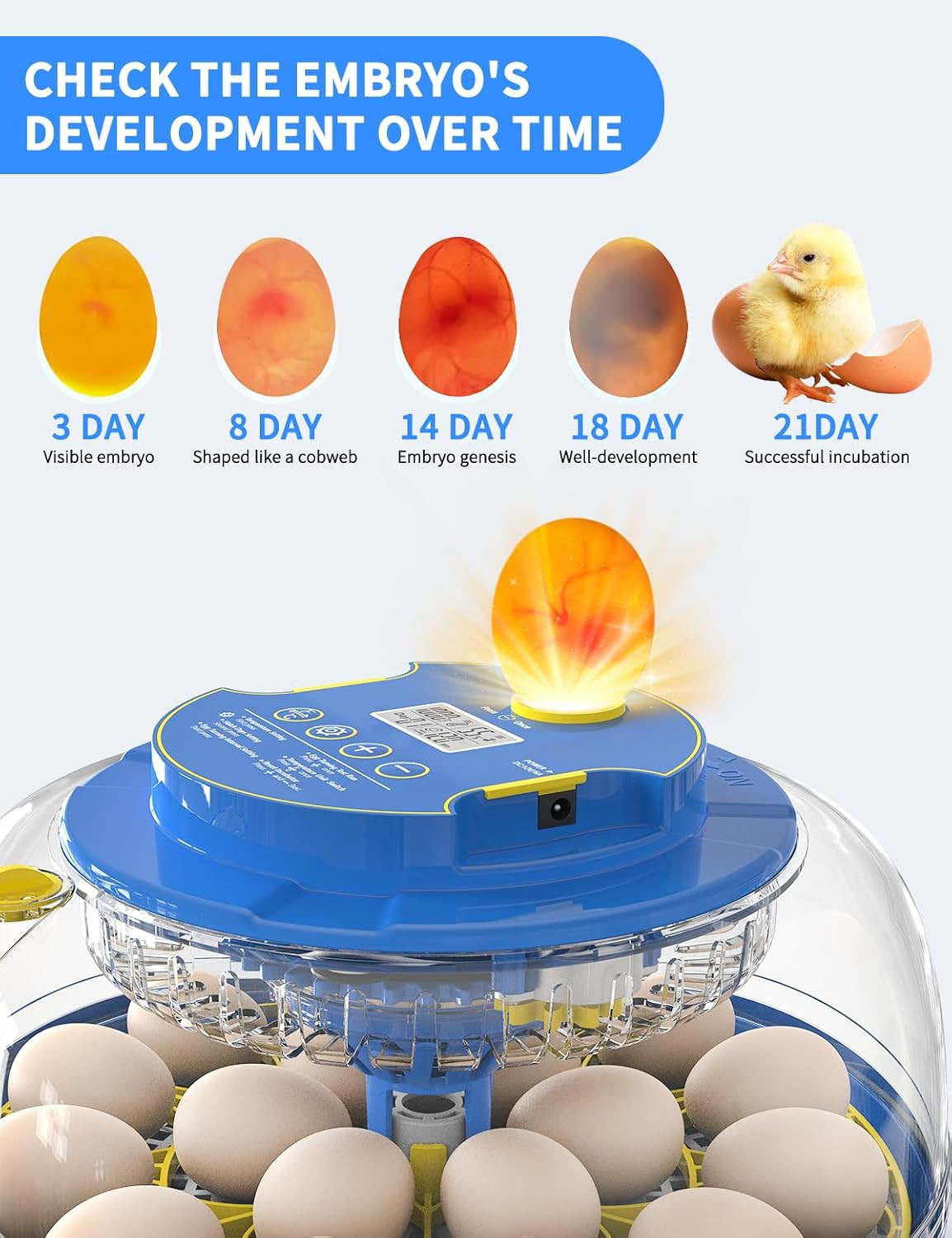 18-Egg 360° Panoramic Egg Incubator with Automatic Egg Turning and Humidity Cont