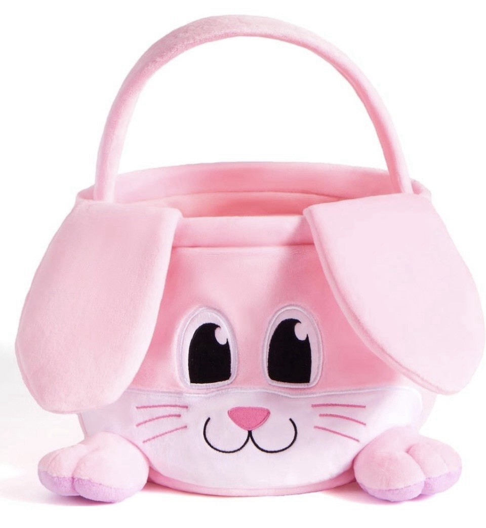 NEW Easter Pink Bunny Basket, Foldable Ears, Soft Basket with Handle, 9”x7”