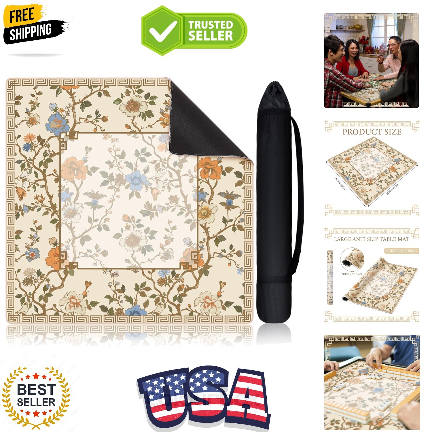 Chinoiserie Mahjong Mat with 1 Carrying Bag 31.5" x 31.5" Beige and White Rub...