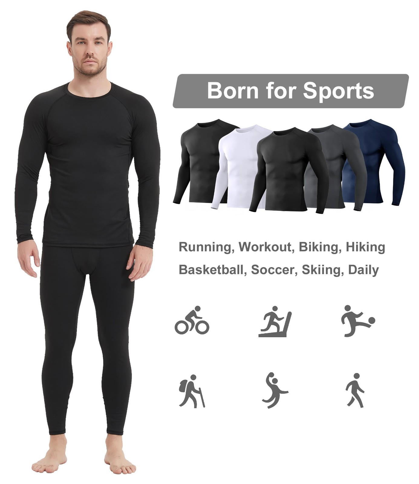 5 Pack Men's Compression Shirts Long Sleeve Athletic Workout Sports Undershir...
