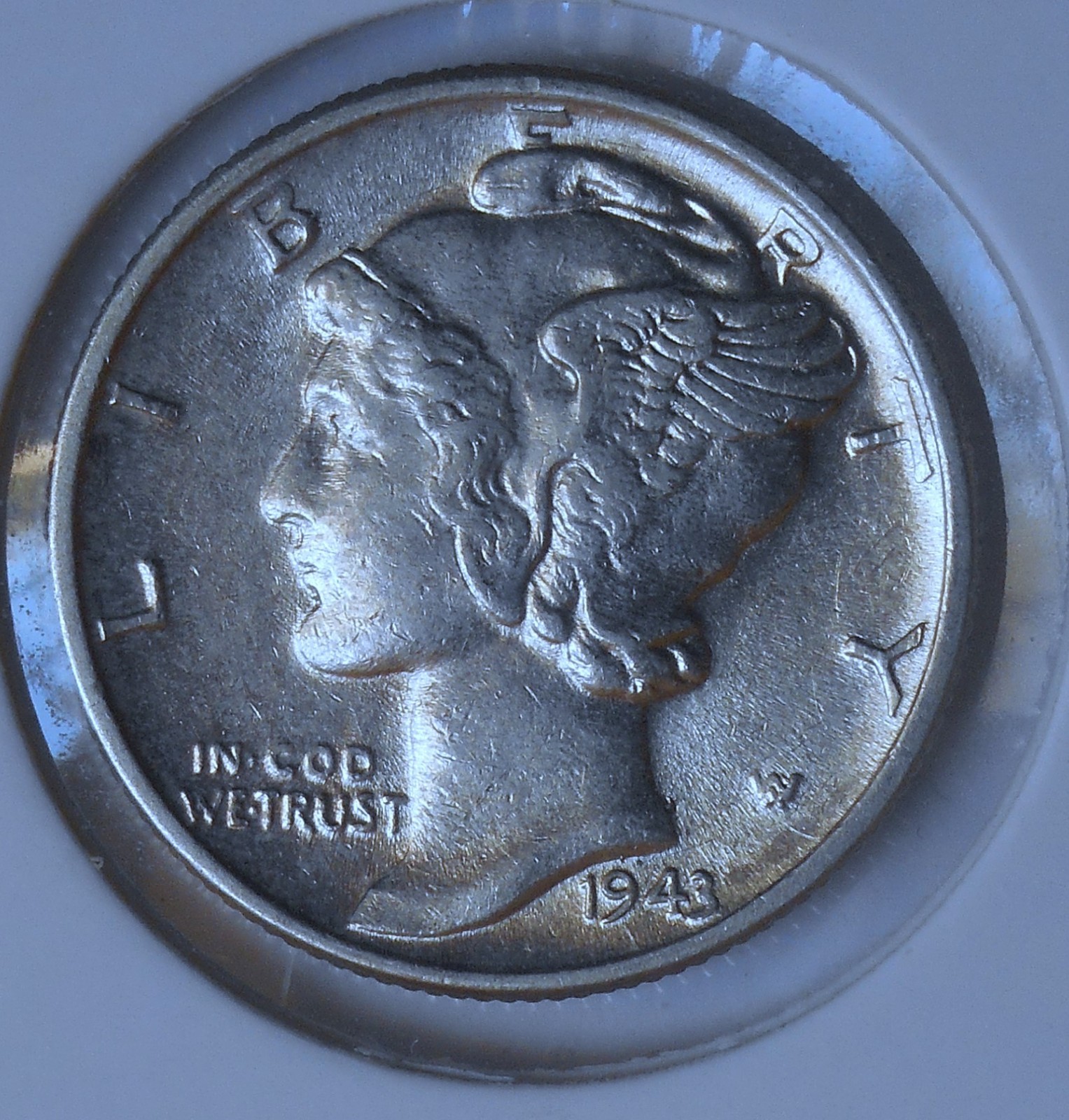 1943 . Mercury Dime . AU . Almost Uncirculated . Silver .