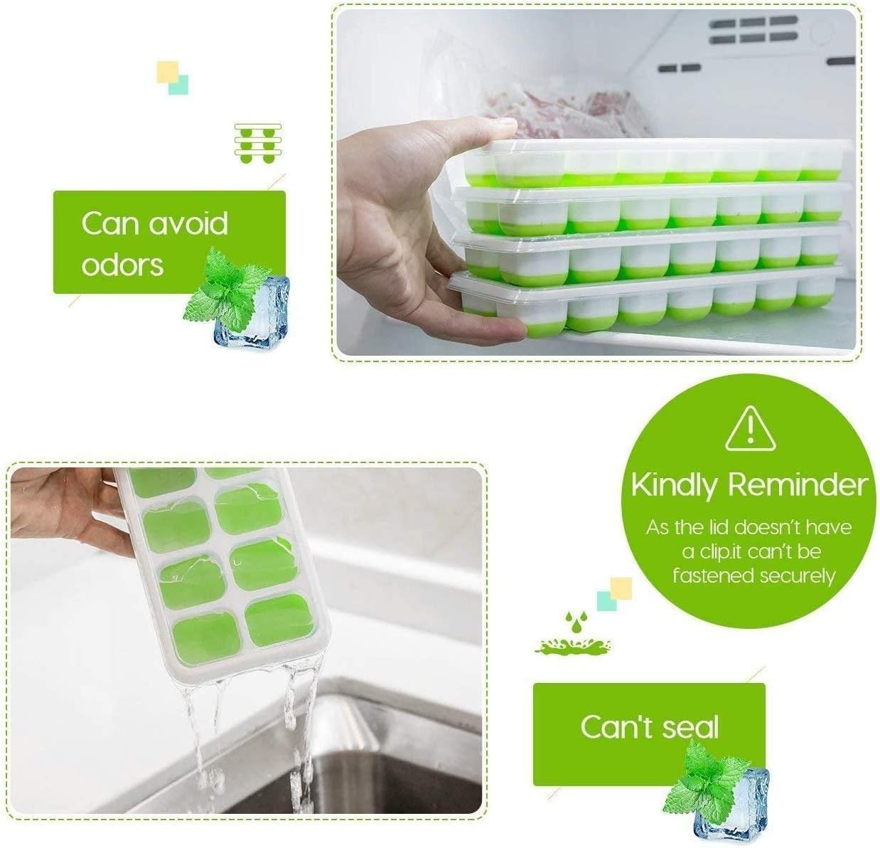 Silicone Ice Cube Trays with Spill-Resistant Lid - Includes 28 Cubes - 2 Pack
