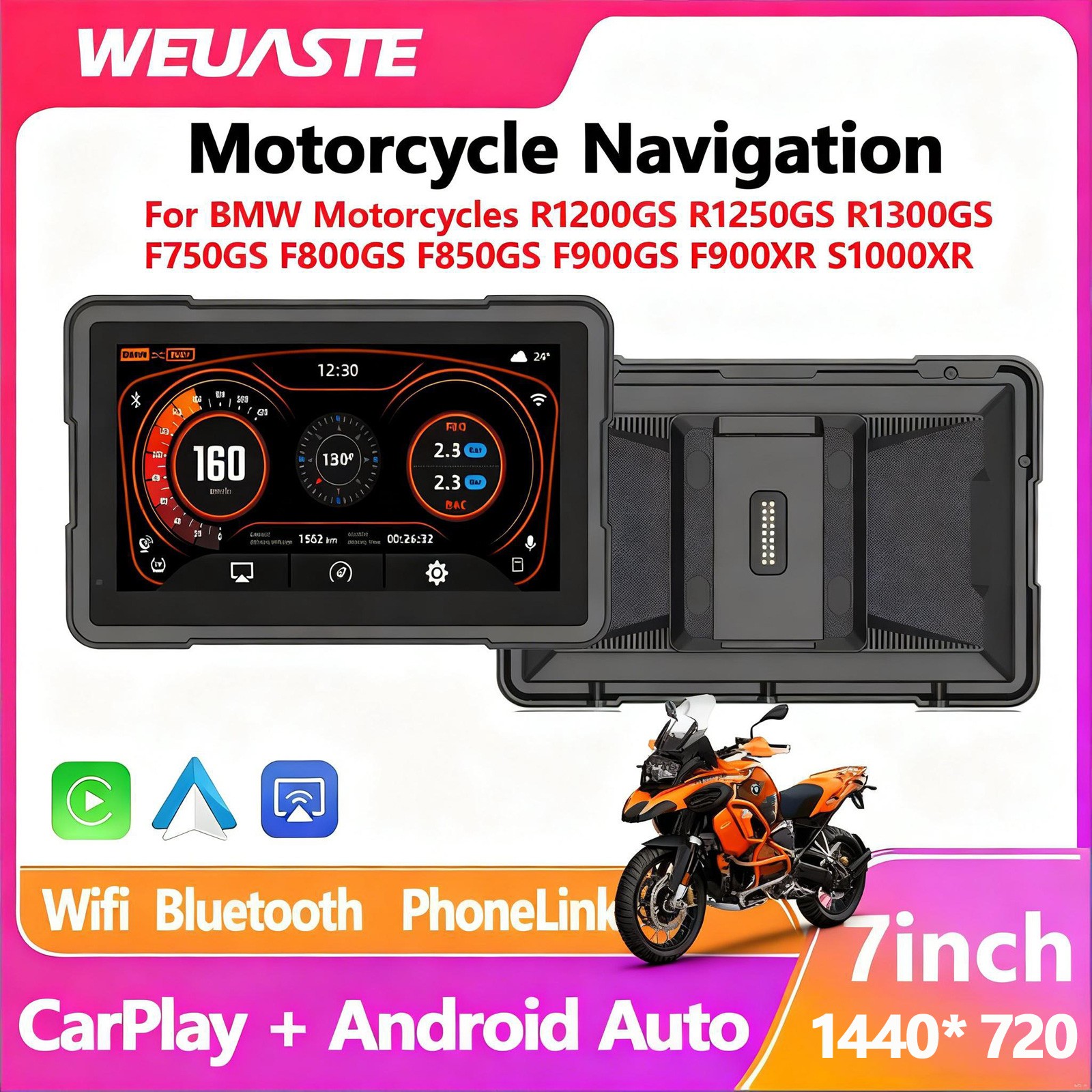 BMW Motorcycle CarPlay Android Auto 7" GPS Navigator Waterproof Screen H1