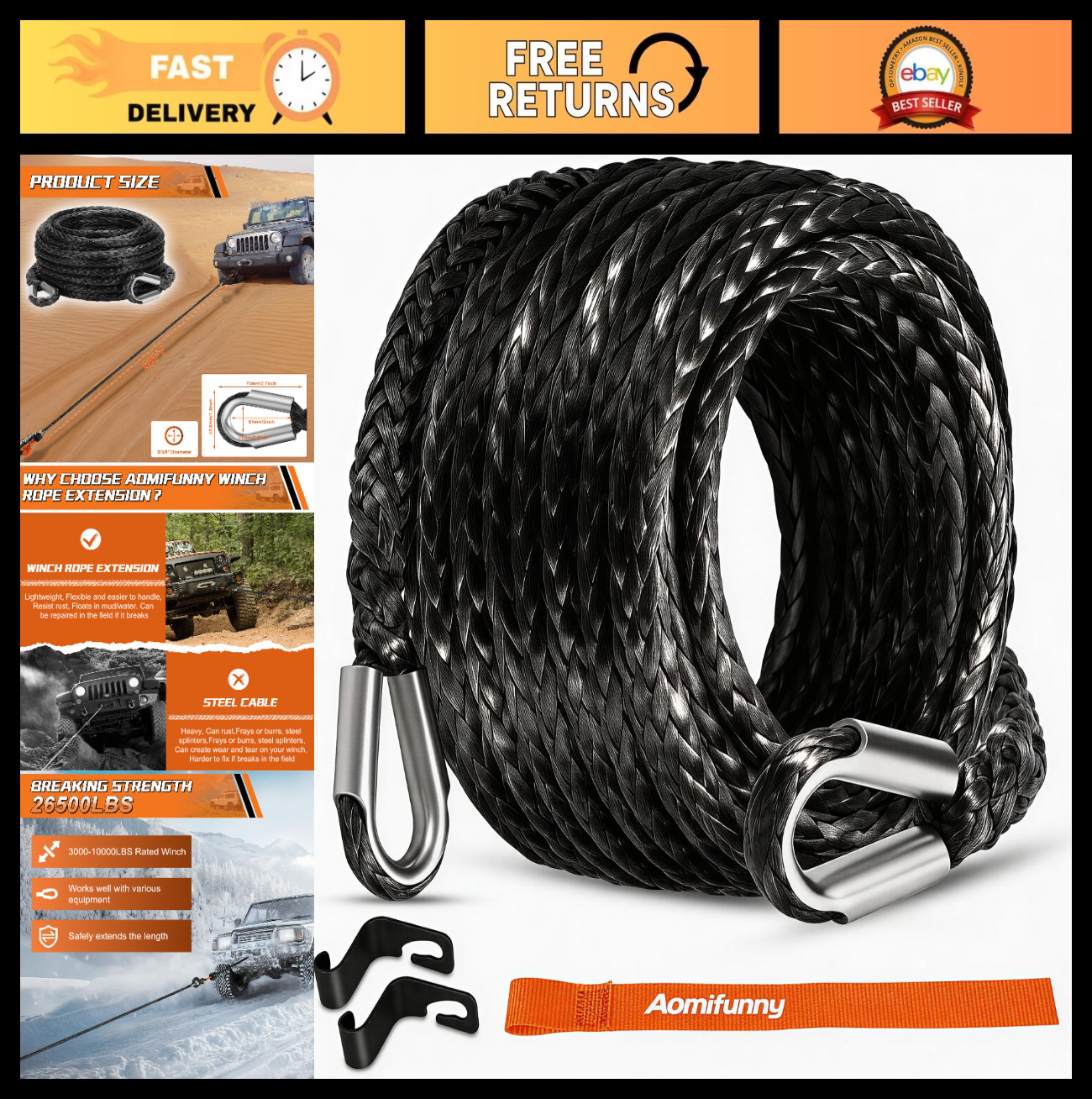3/8" x 50ft Synthetic Winch Rope Extension - 26,500 lbs Tow Cable for Off-Road A