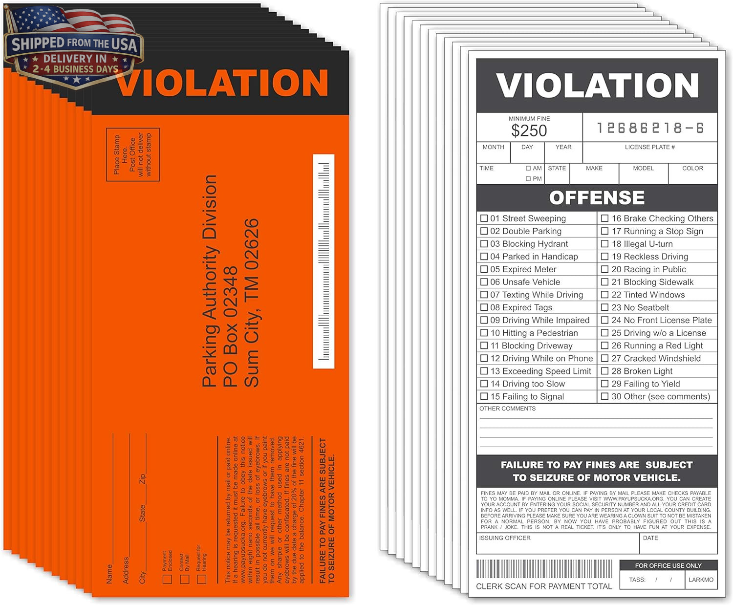 Fake Parking Tickets Prank - Qty 25, Joke Violation Parking, Funny Gag Pretend P