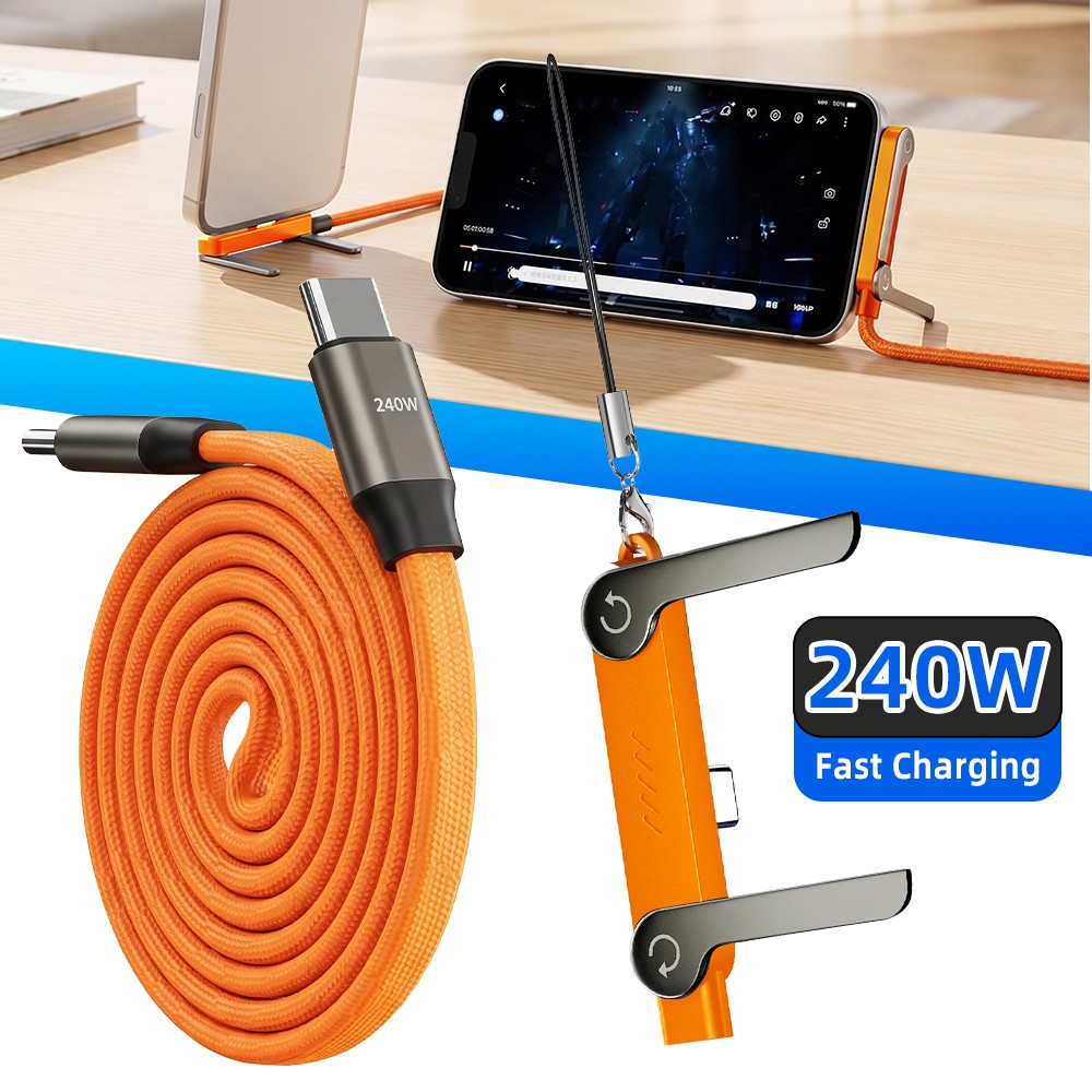 240W USB C Fast Charging Cable 90° Elbow Gaming Cable + Stand For iPhone/Galaxy