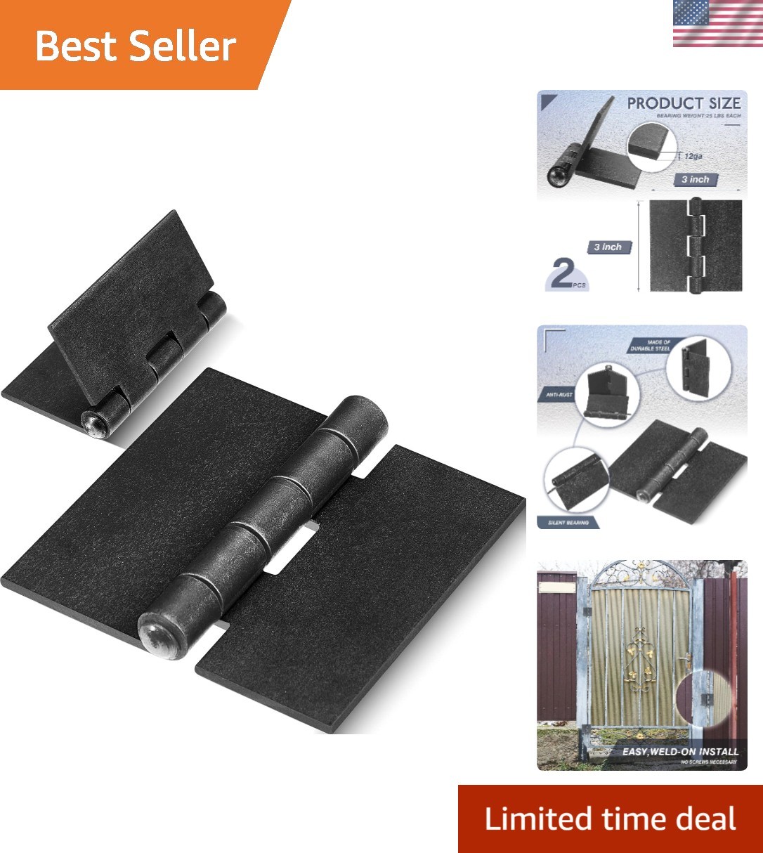 Durable 2-Pack 3" Weldable Hinges - Unfinished Steel for Heavy Gates and Doors