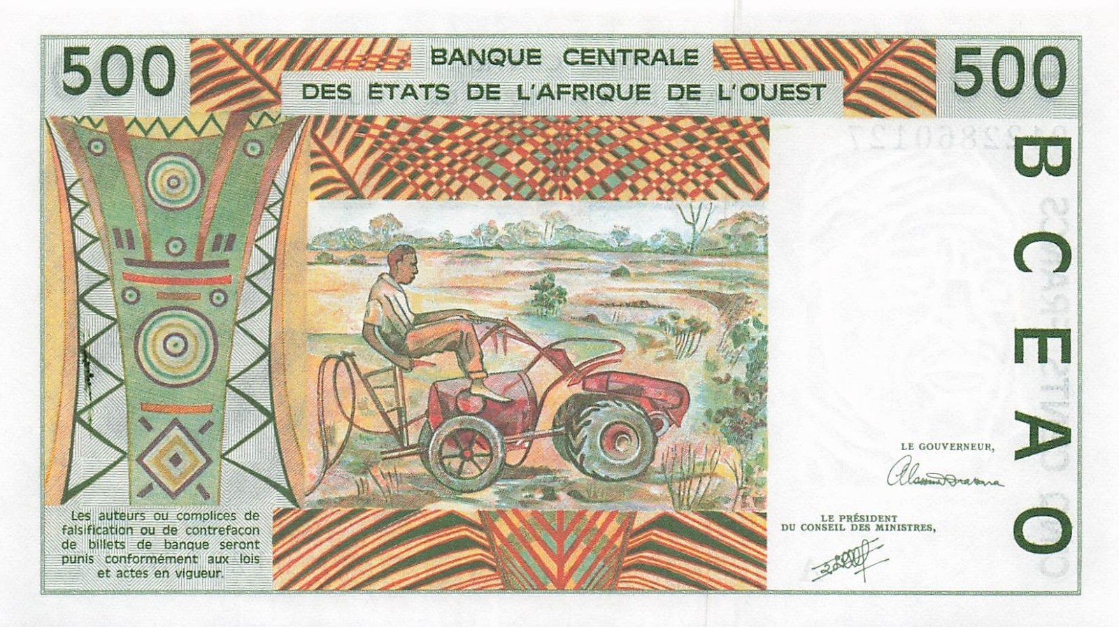 Ivory Cost  500  Francs  1991 A  P 110Ac  Series A  Uncirculated Banknote F L