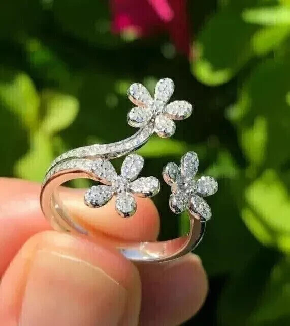 Flower Open Shank Wedding Ring 14K White Gold Over 3Ct Round Lab Created Diamond