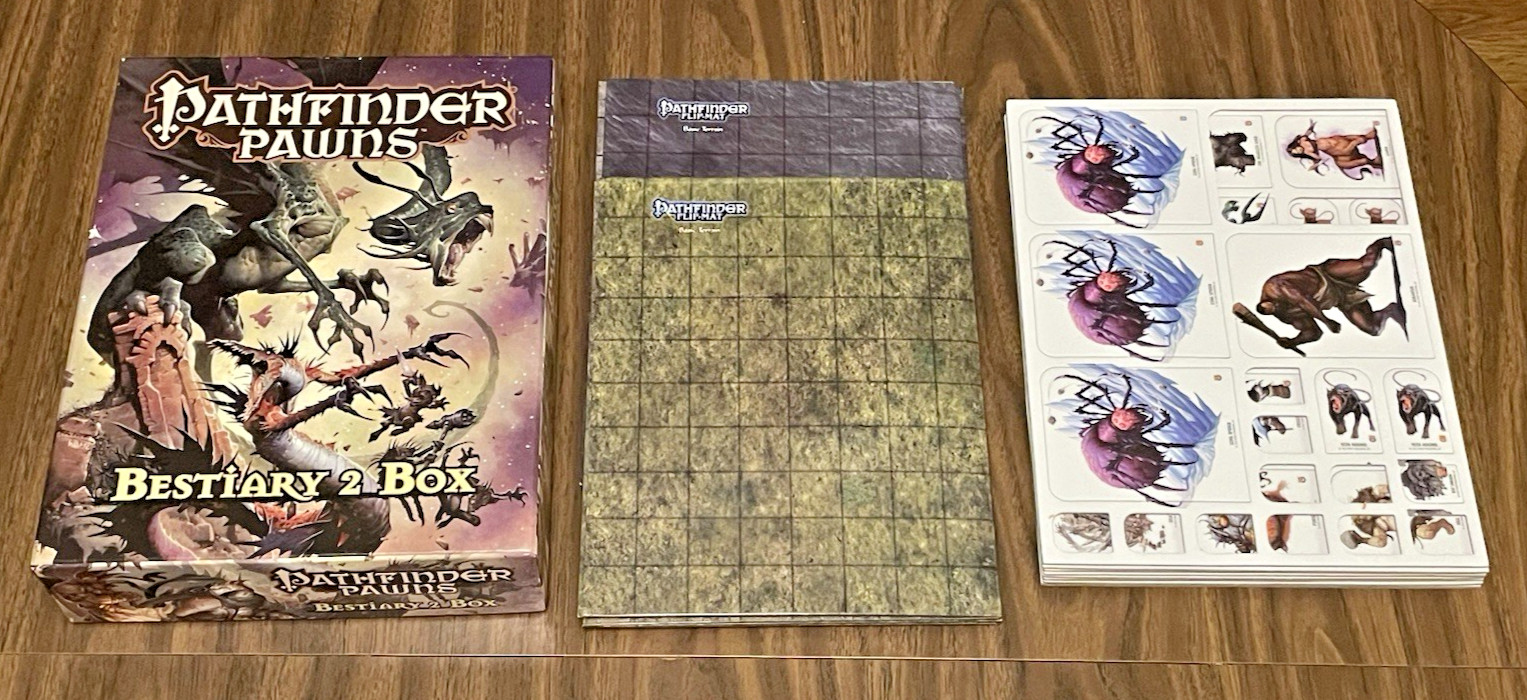 Pathfinder Lot | Bestiary 2 Box & Rise of the Runelords Pawns & 2 Flip-Mats USED