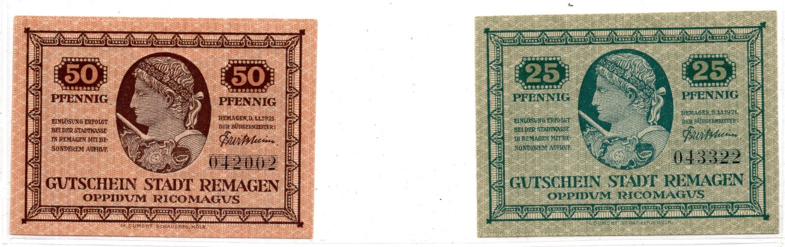 1921 Germany Remagen Notgeld 2 Note Set (1367)
