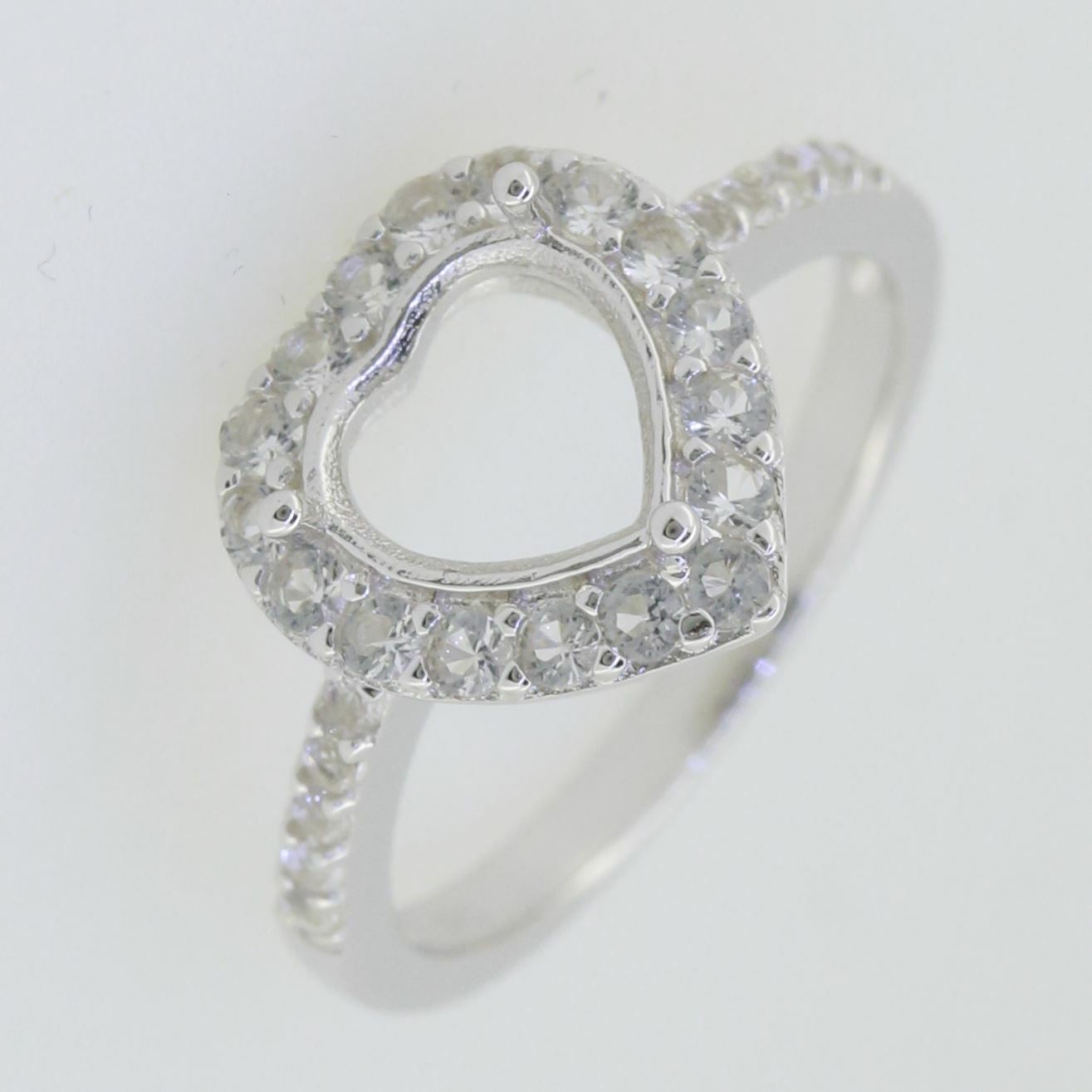 Sterling Silver Semi Mount Ring Setting Heart HT 8X8mm White Topaz Halo