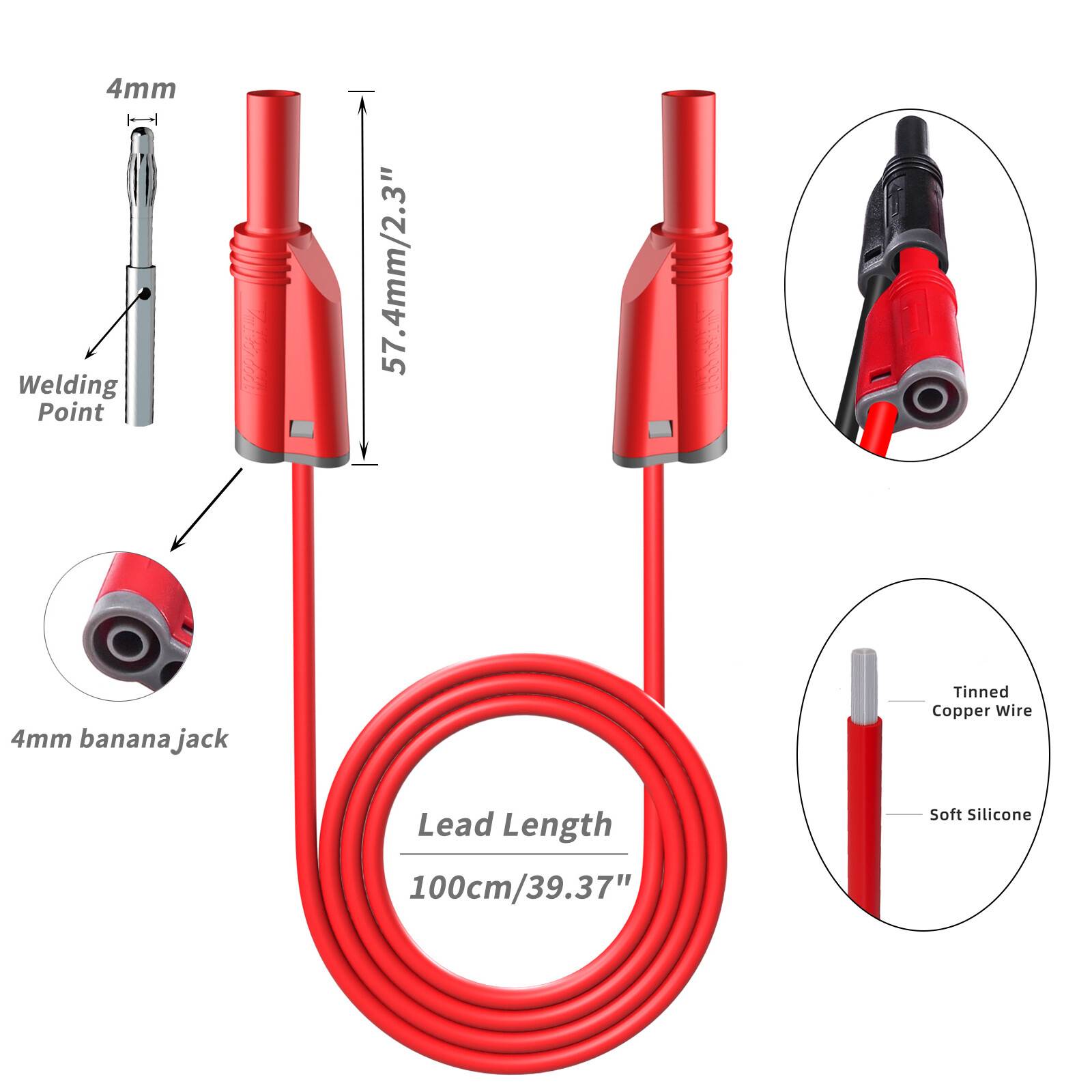 Peakelect Banana Plug Silicone Test Lead 4mm Safety Shrouded Stackable Alligator