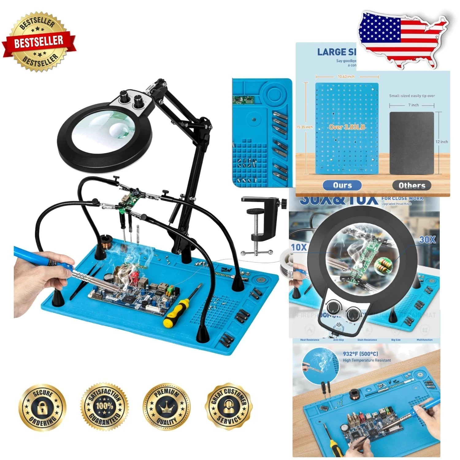 Pro Helping Hands Soldering Mat 30X Magnifier Stepless Dimming