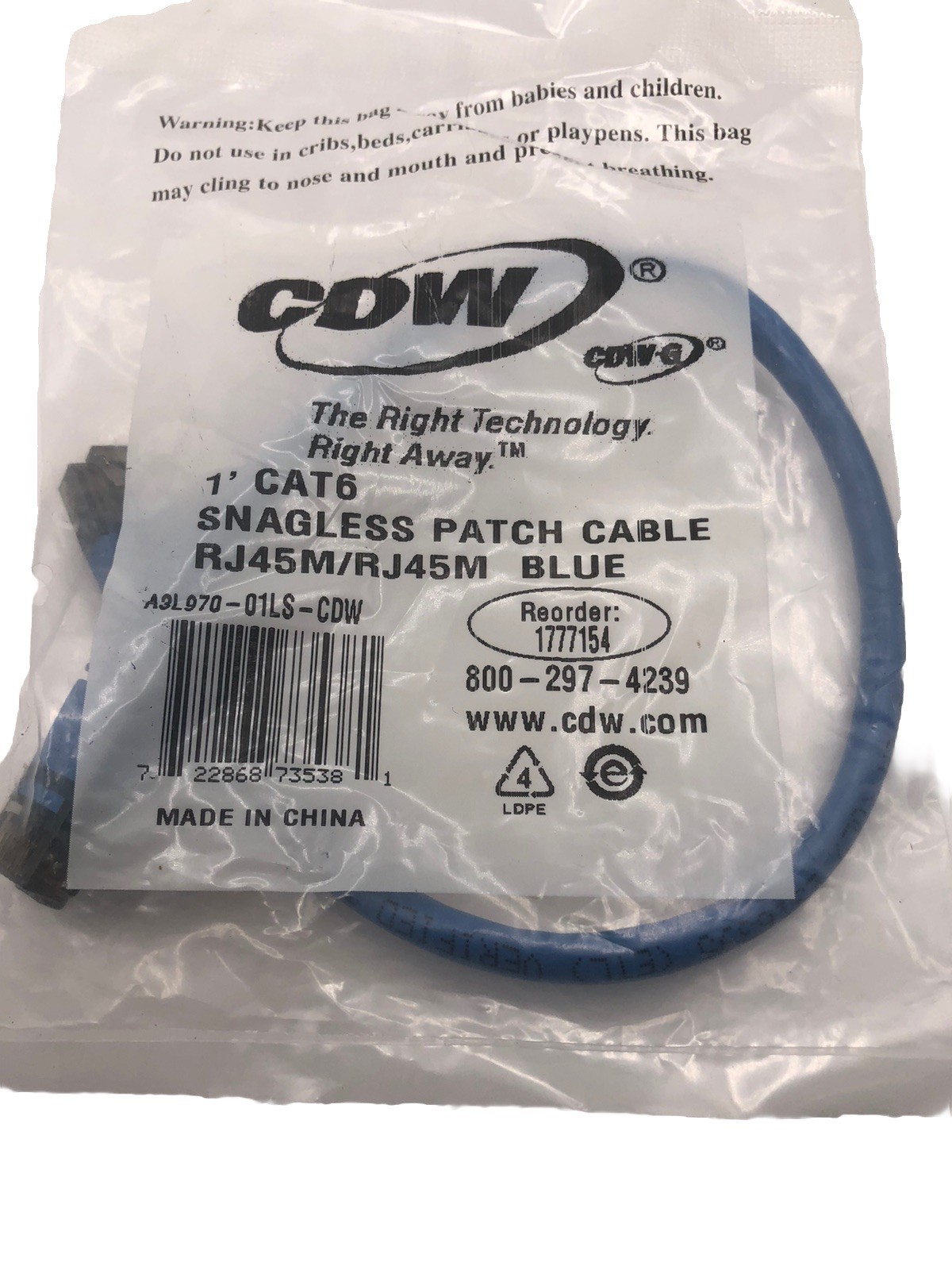 CDW 1” Cat6 Snagless Patch Cable RJ45M/RJ45M Blue