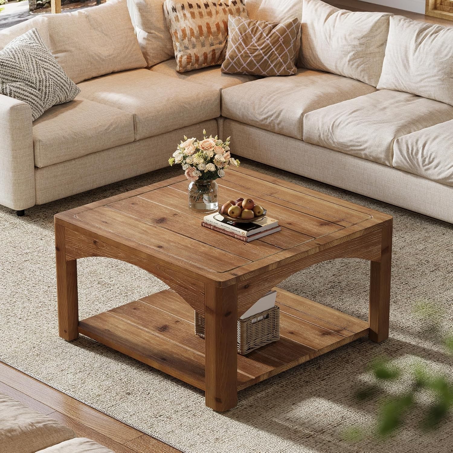 31.5-Inch Solid Wood Coffee Table 2 Tier Square Center Table for Living Room