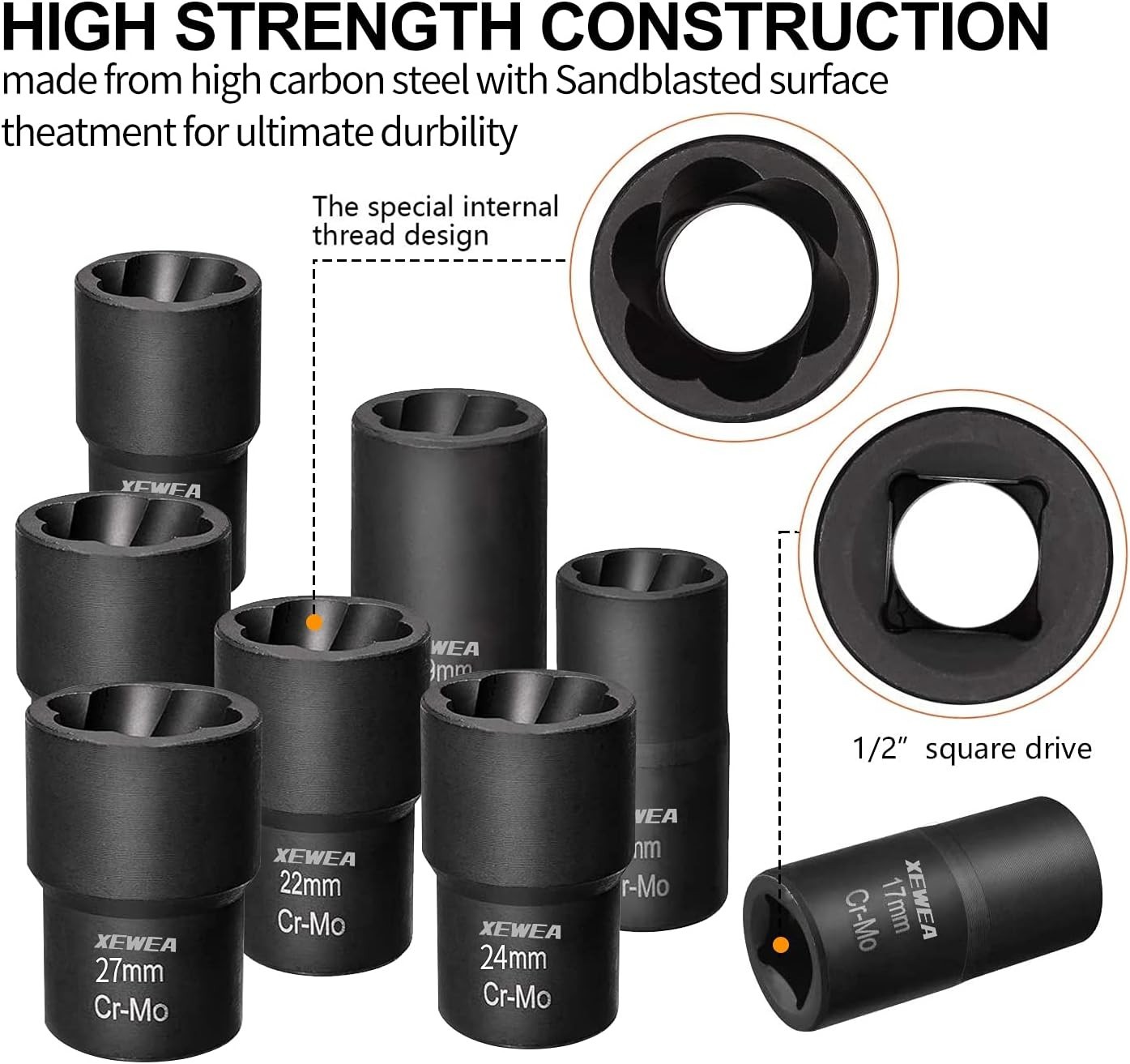 9PCS Lug Nut Extractor Set, 1/2" Drive Impact Bolt Remover Socket Tool, Wheel...