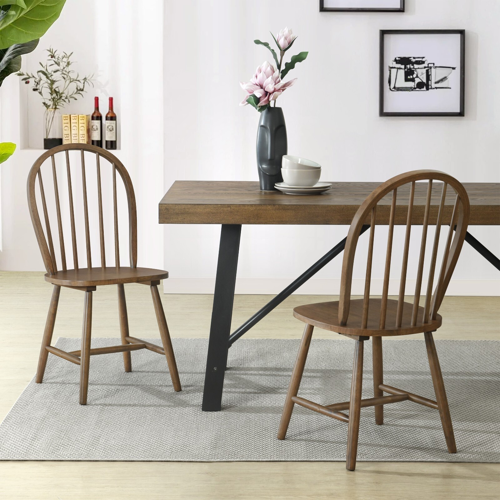 Set of 2 Farmhouse Spindle Back Dining Chairs with Rubberwood Frame
