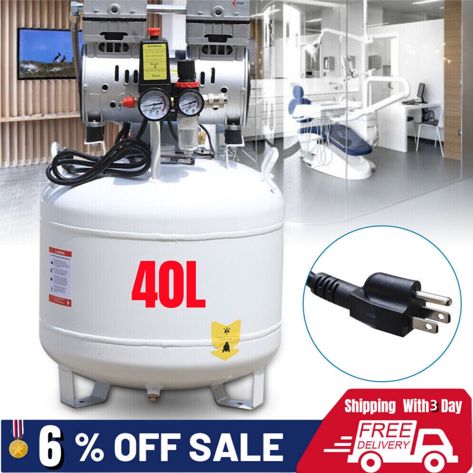 110V 40L Portable  Dental Air Compressor Oil Free Silent Air Pump 41*41*65cm NEW
