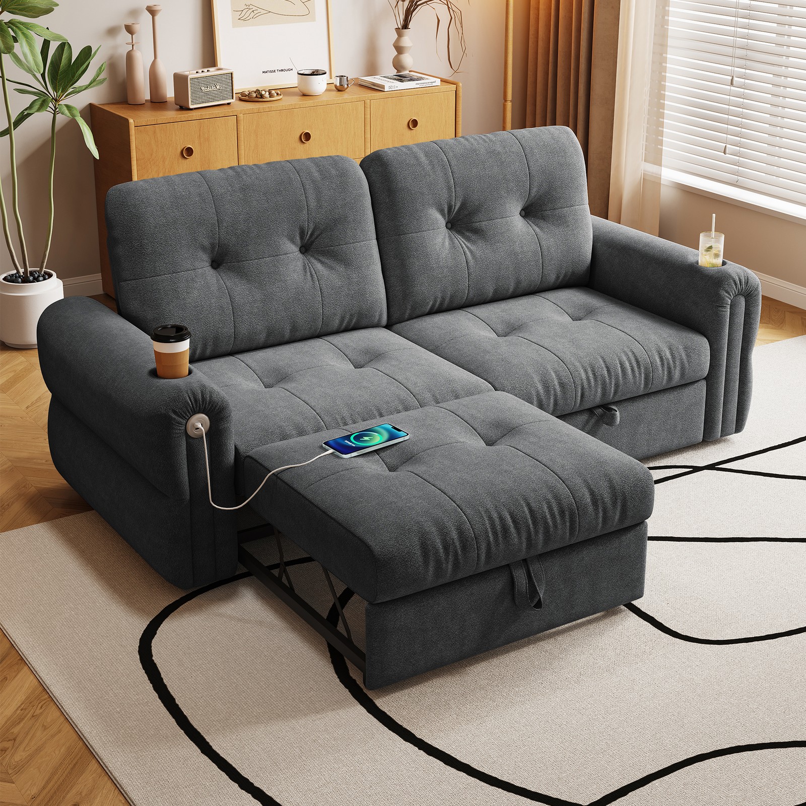 77" Convertible Sofa Bed 2-in-1 Sleeper with Chaise Lounge, Dark Grey Chenille