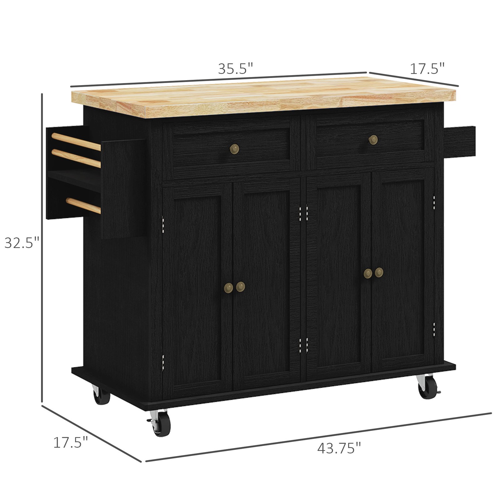 Modern Rolling Kitchen Island Cart with Spice Rack, Distressed Black