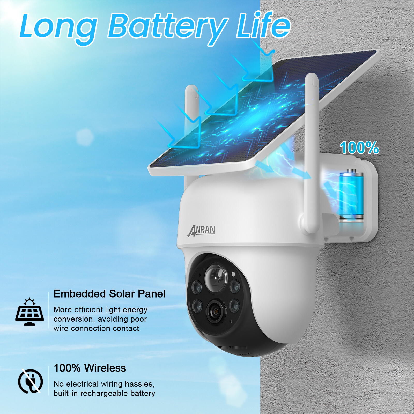 Wireless Solar Powered Security Camera System Outdoor 2K PTZ Camera Base Station
