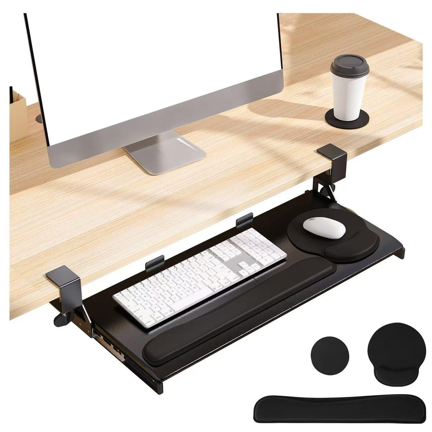Keyboard Tray, 25 in. Pine Plastic, Keyboard tray Under Desk with Wrist Rest,...