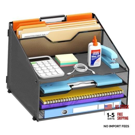 Desk File Organizer, Paper Organizer with 4 Letter Trays and 2 Vertical Black