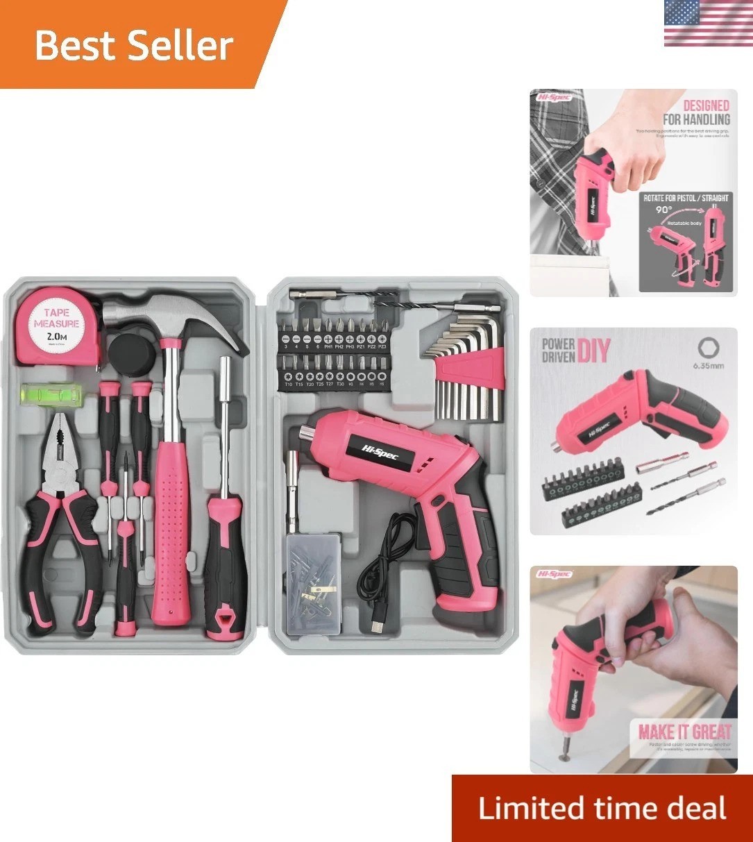 42pc Pink Cordless 4V USB Electric Screwdriver & Hand Tool Kit for Home DIY
