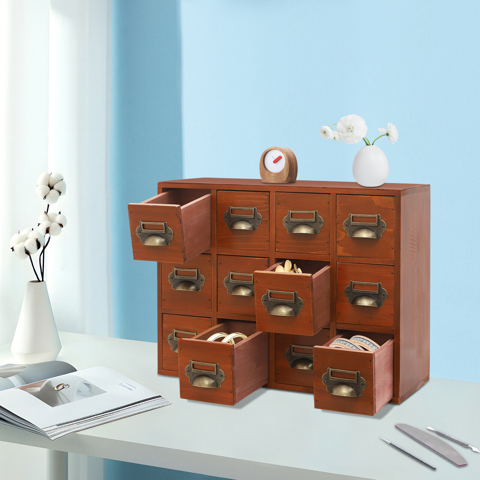 12 Drawers Wooden Desktop Organizer Home Storage Case Cosmetic Dresser Box Brown