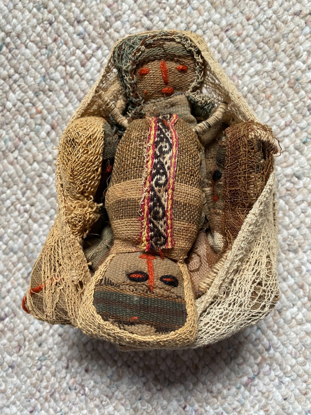 Antique Peruvian Chancay Burial Dolls   Unusual Piece Babies in a Basket  Twins?