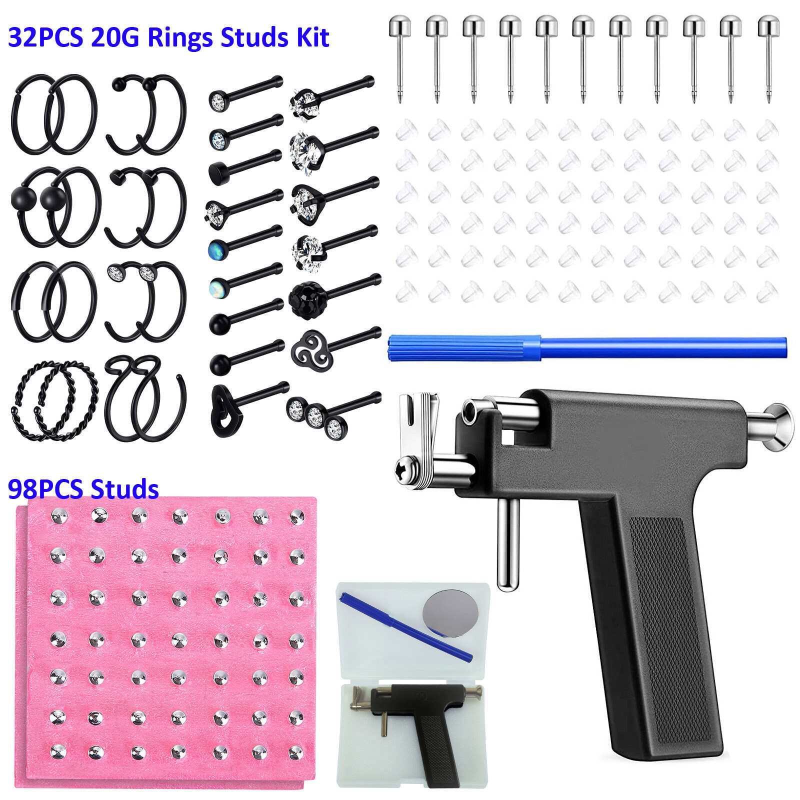 16-133Pcs Body Piercing Gun Tool Kit Pro Ear Nose Navel Ring Studs Jewelry Set